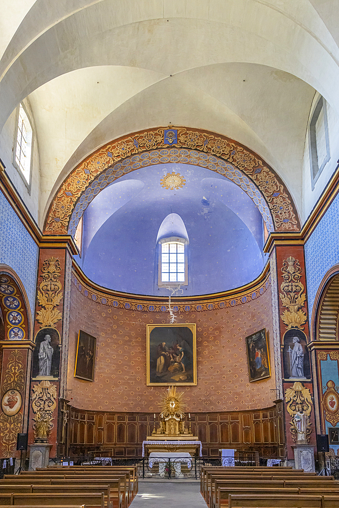 Gordes, Vaucluse, Provence-Alpes-Cote d'Azur, France. July 7, 2022. Interior of the Eglise Saint Firmin church in Gordes.