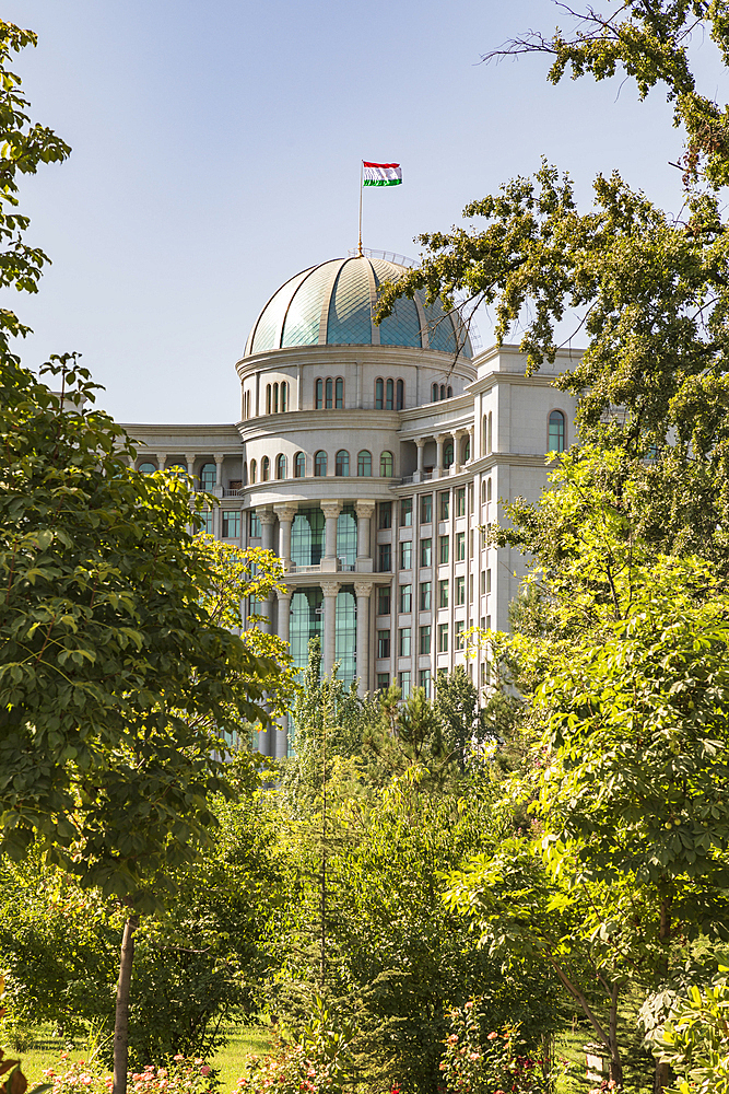 Dushanbe, Tajikistan. The Tax Committee Building, seen from Rudaki Park, Dushanbe.