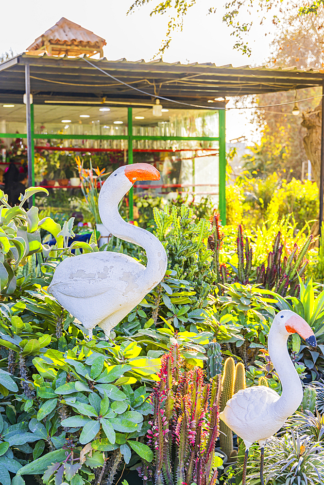 Cairo, Egypt. February 11, 2022. Decorative white flamingos in a garden in Cairo.