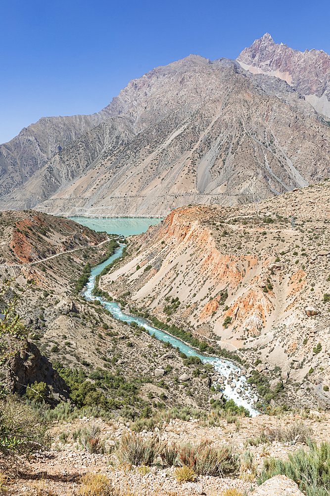 Iskanderkul, Sughd Province, Tajikistan. The Yaghnob River and Iskanderkul Lake.