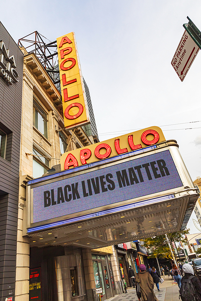 Harlem, Manhattan, New York City, New York, USA. November 4, 2021. Marquee of the Apollo Theater saying 'Black Lives Matter.'