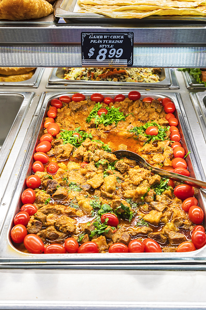 Coney Island, Brooklyn, New York City, New York, USA. November 6, 2021. Turkish lamb dish at a buffet restaurant.