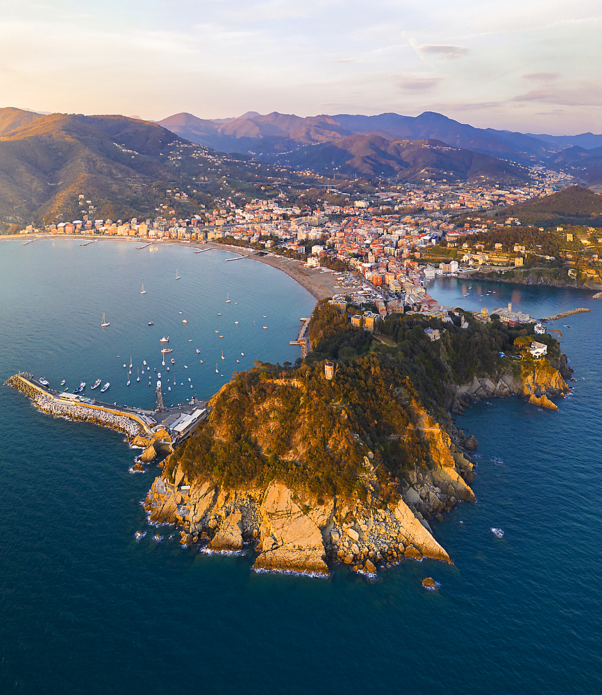 Aerial view of Sestri Levante and its Baia del Silenzio at sunset, Genova, Liguria, Italy, Europe