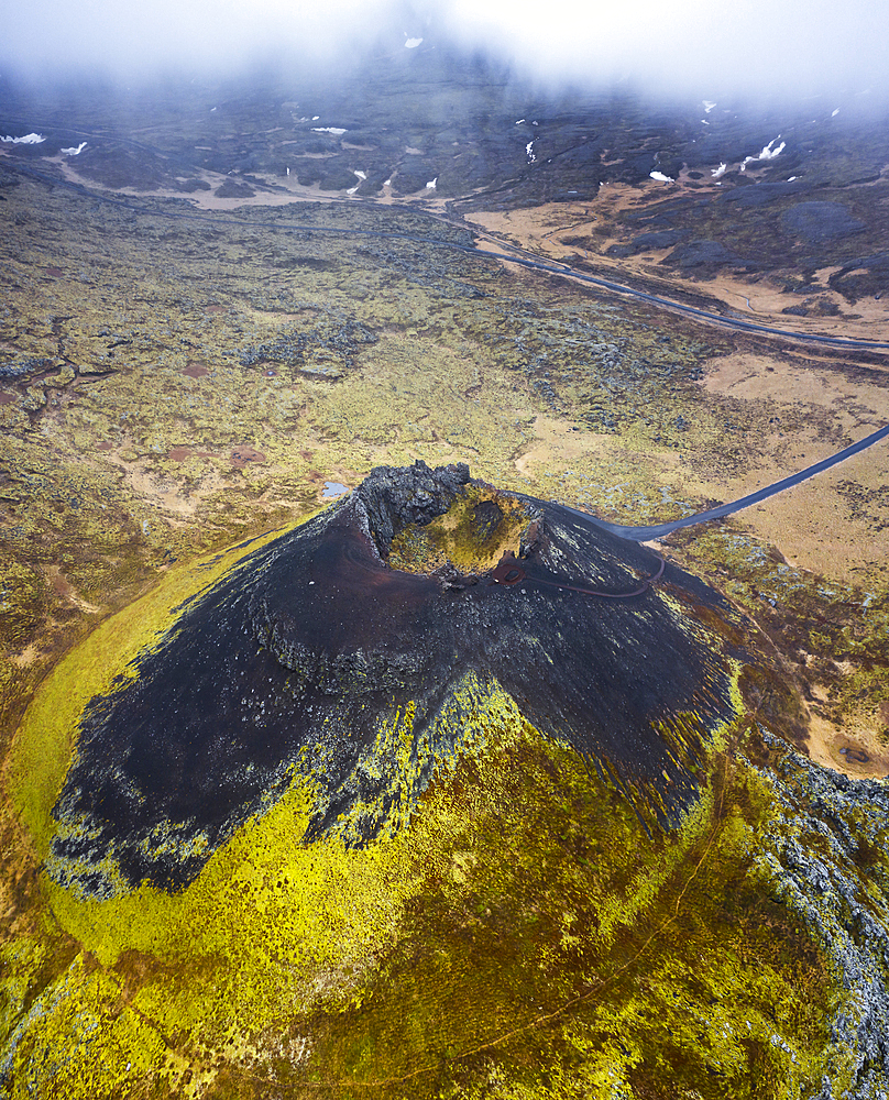 Aerial view of Saxholl crater, Hellisandur, Snæfellsnes Peninsula, Iceland, Polar Regions