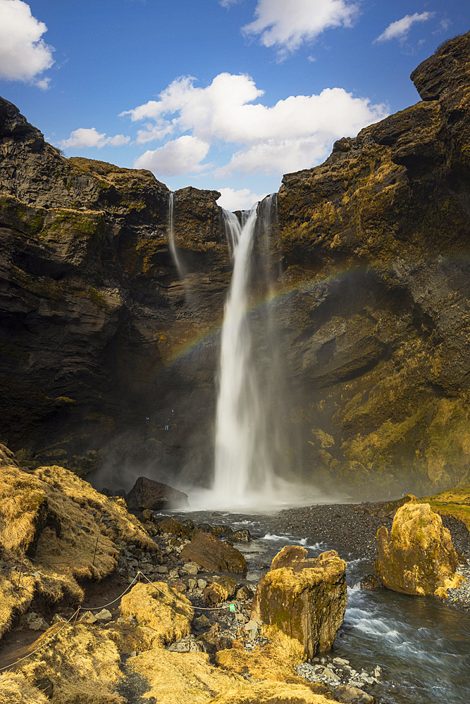 The beautiful and little-known Kvernufoss waterfall, taken on a sunny winter day, Iceland, Polar Regions