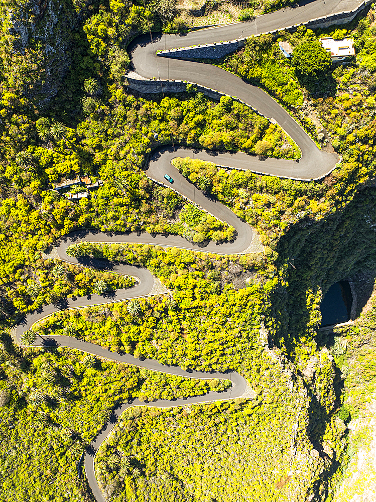 Vertical aerial view from the drone of a fantastic winding road on the island of Tenerife, Canary Islands, Spain, Atlantic, Europe