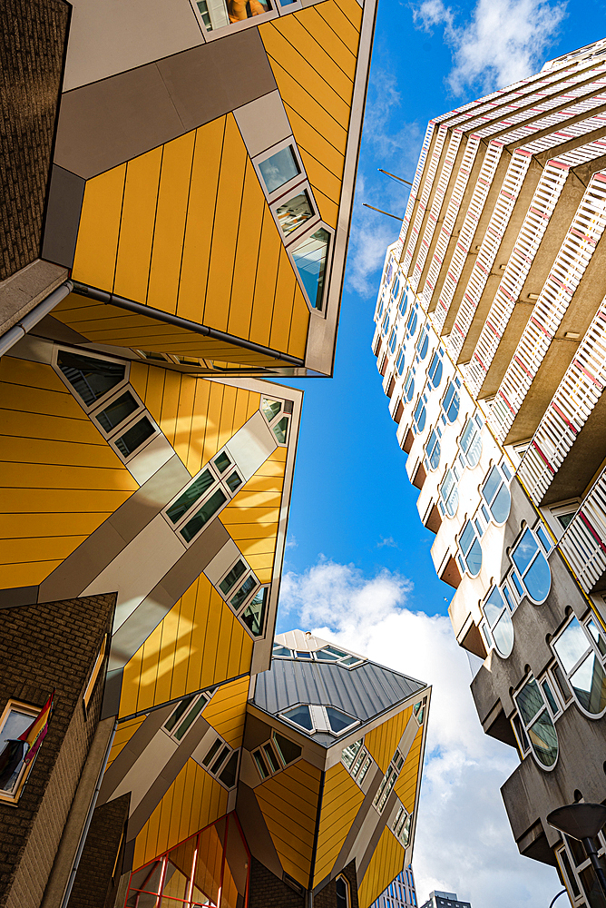 Cube houses, yellow cube shaped architecture, and Maastower, Rotterdam, The Netherlands, Europe