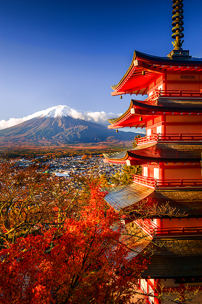 Vibrant sunrise at Five-storey pagoda, Chureito Pagoda, overlooking Fujiyoshida City and Mount Fuji volcano, Fujiyoshida, Honshu, Japan, Asia