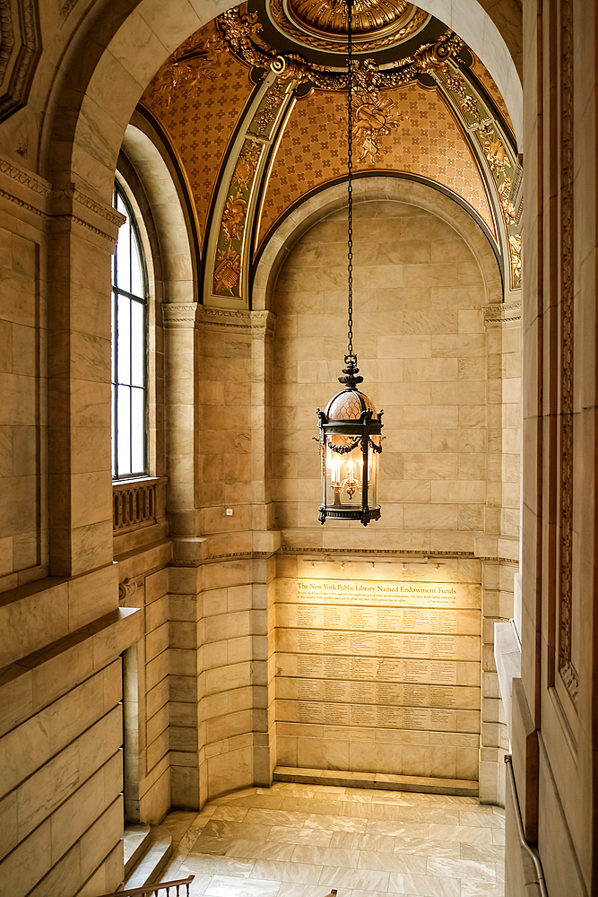 Architectural detail of the New York Public Library (NYPL), second largest in the USA and fourth largest in the world, New York City, United States of America, North America