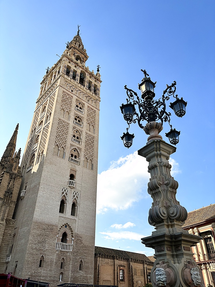 View of the Cathedral of Saint Mary of the See (Seville Cathedral), a Roman Catholic cathedral in Seville, one of the largest churches in the world as well as the largest Gothic church, highlighting the Giralda, the bell tower of the cathedral.