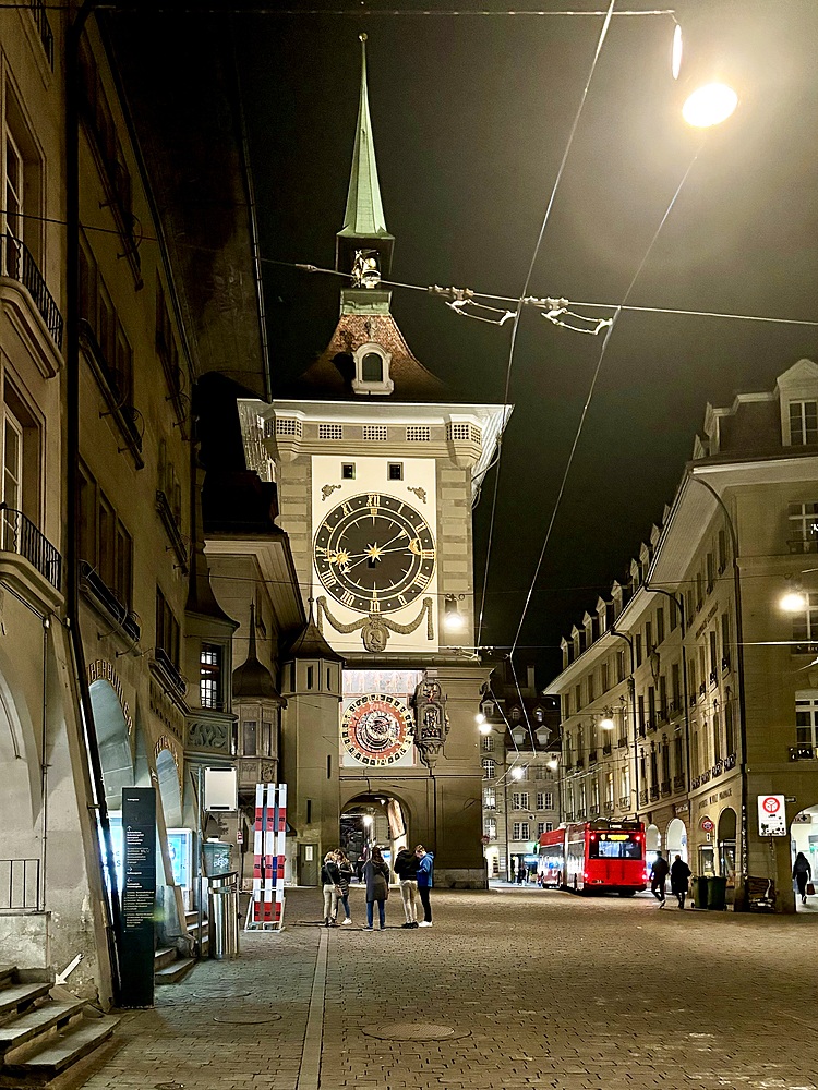 View of the east front of the iconic Zytglogge (time bell), located at the end of the Kramgasse, one of the principal streets in the Old City of Bern, the medieval city centre of Bern, Switzerland.