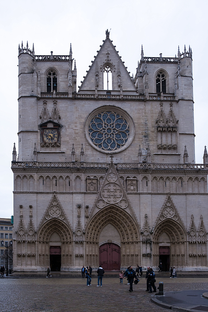 View of Lyon Cathedral, a Roman Catholic church dedicated to St. John the Baptist, seat of the Archbishop of Lyon, Place Saint-Jean in central Lyon, Auvergne Rhone Alpes, France, Europe