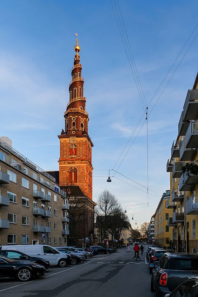 Copenhagen, Denmark – Architectural detail of Vor Frelsers Kirke, a baroque-style church known for its corkscrew-shaped spire, offering panoramic views of the city from the top of its tower.
