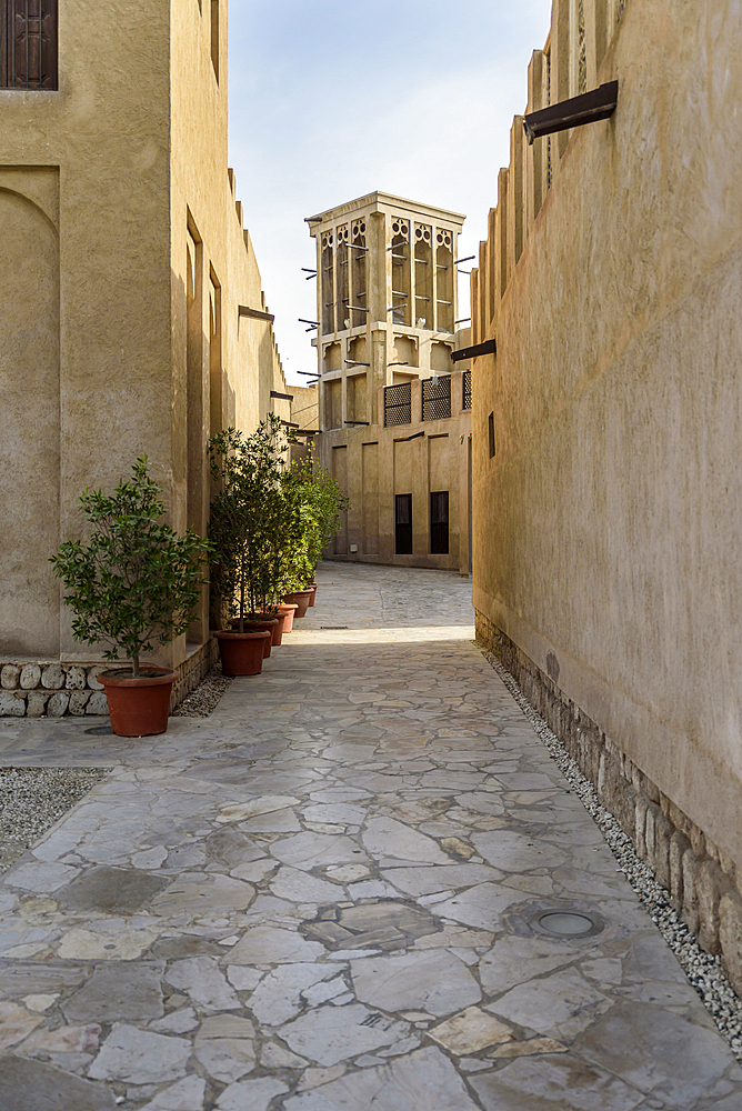 Old buildings, recreations of the old structures around Dubai Creek, feature wind towers, in the Bastakia quarter, Dubai, United Arab Emirates, Middle East