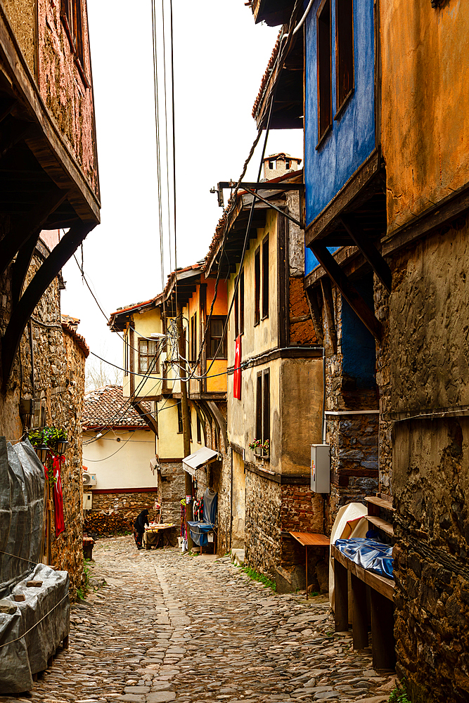 Houses painted in bright colors in the UNESCO-protected village of Zhumalikizik, Bursa, Turkey, Asia Minor, Eurasia