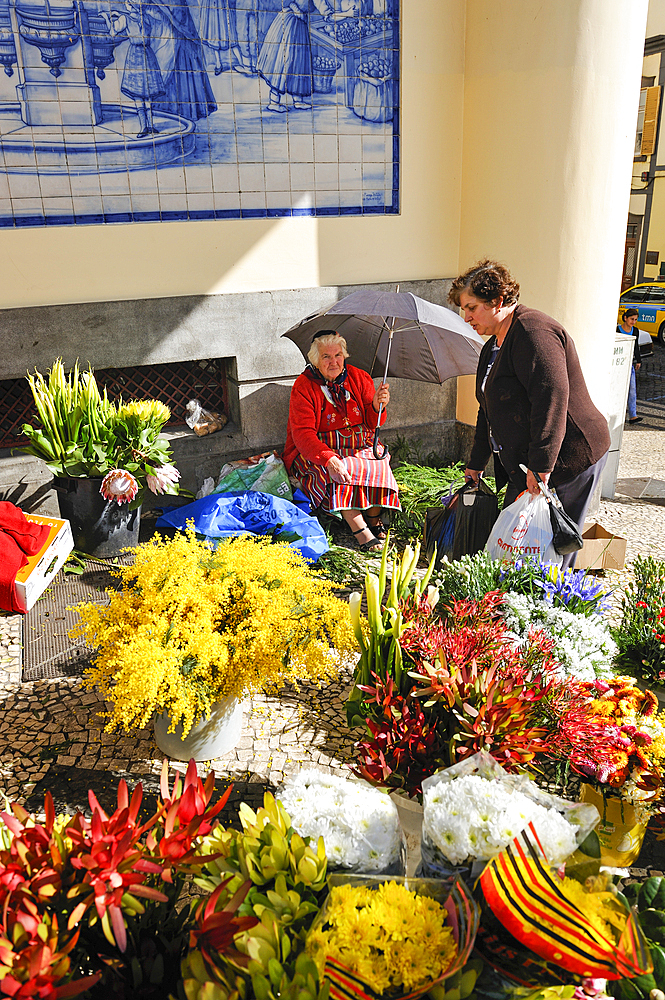 Florists in front of the farmers Market Hall, Funchal, Madeira island, Atlantic Ocean, Portugal