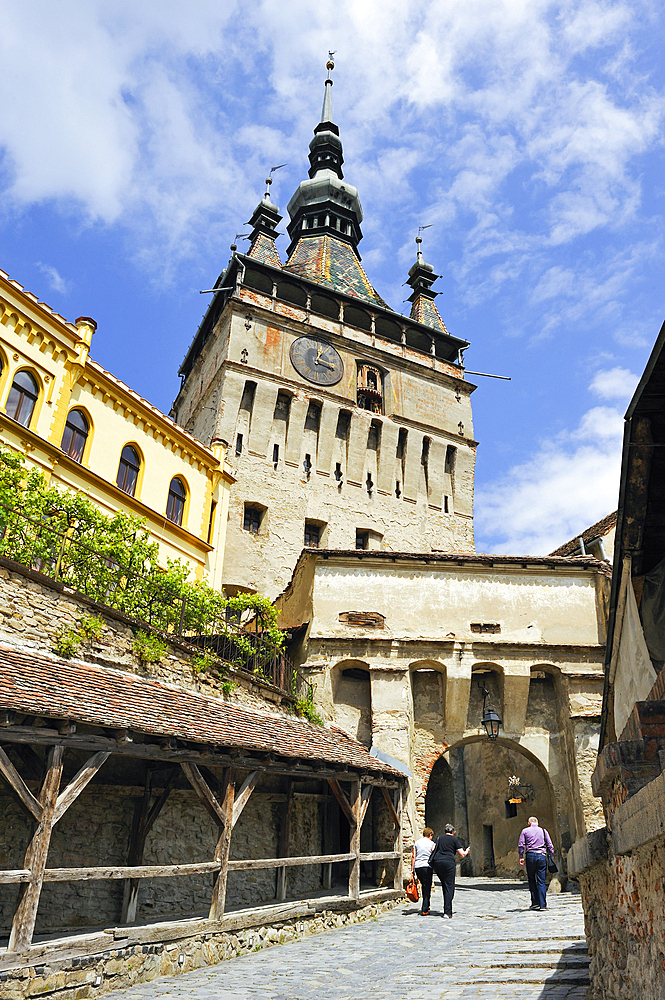 Clock Tower seen from south path leading into Old Town, Sighisoara, UNESCO, Transylvania, Romania