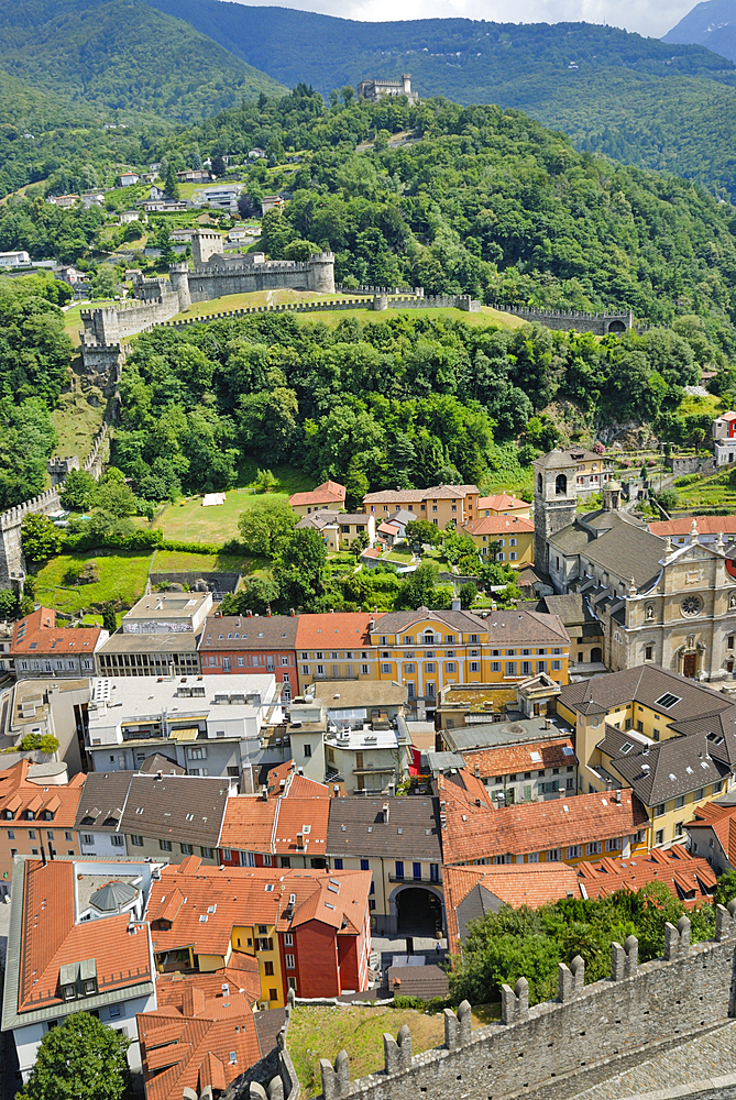 The Castles and town of Bellizona seen from Castelgrande, Canton Ticino, Switzerland