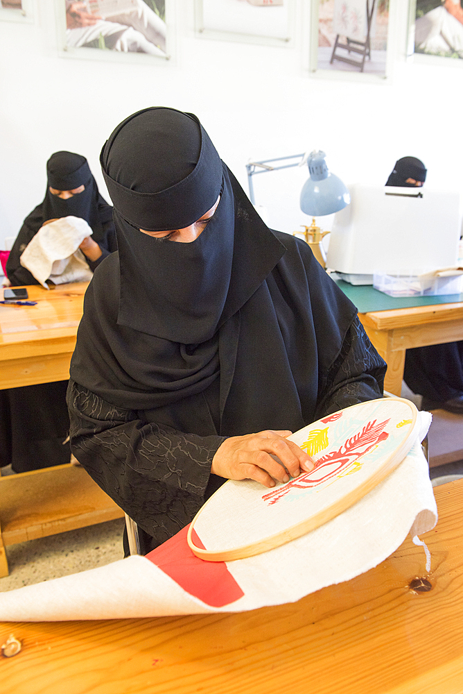 Madrasat Adeera, originaly a Girl's School, now an artistic space where women learn and practice different crafts, here a sewing and embroidery workshop, whose creations will be sold in the old town of AlUla, Medina Province, Saudi Arabia, Middle East