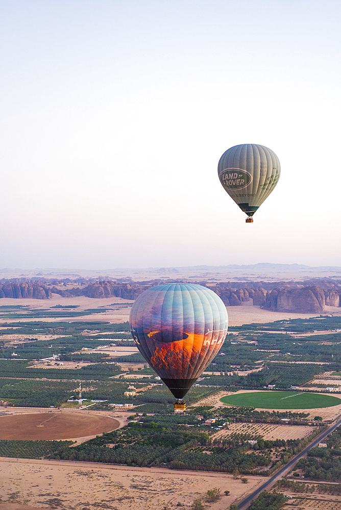 Hot air balloon flight over Hegra site and around with Hero Balloon Flights Saudi Operator, AlUla, Medina Province, Saudi Arabia, Middle East