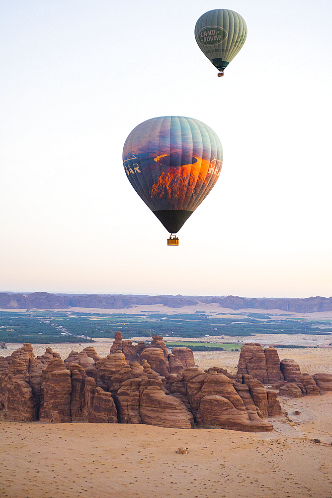 Hot air balloon flight over Hegra site and around with Hero Balloon Flights Saudi Operator, AlUla, Medina Province, Saudi Arabia, Middle East