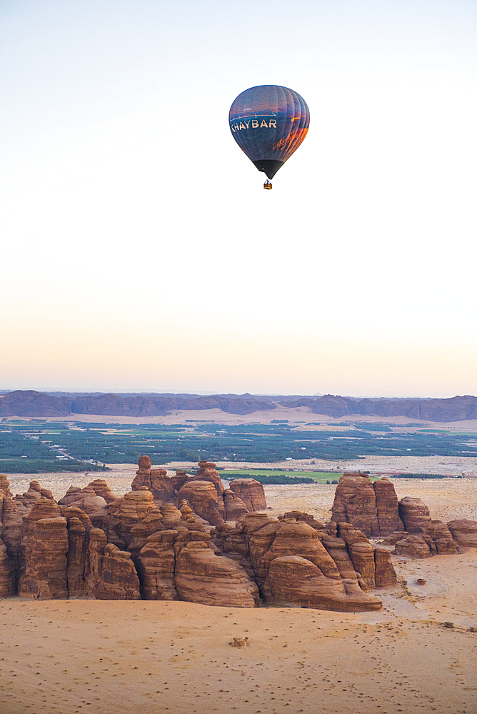 Hot air balloon flight over Hegra site and around with Hero Balloon Flights Saudi Operator, AlUla, Medina Province, Saudi Arabia, Middle East