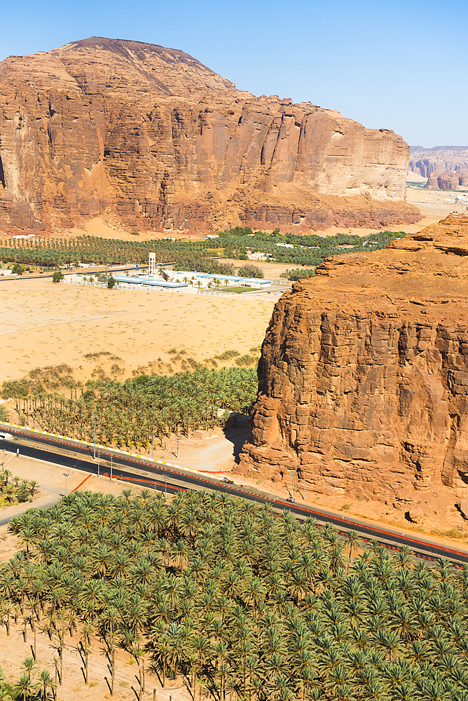 Aerial view of Palm grove and farms in the oasis of AlUla, Medina Province, Saudi Arabia, Middle East