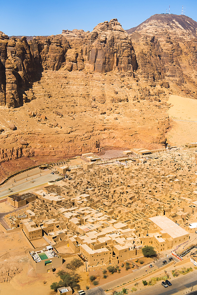 Aerial view of the Old mudbrick village under reconstruction, in the Old town of AlUla, Medina Province, Saudi Arabia, Middle East