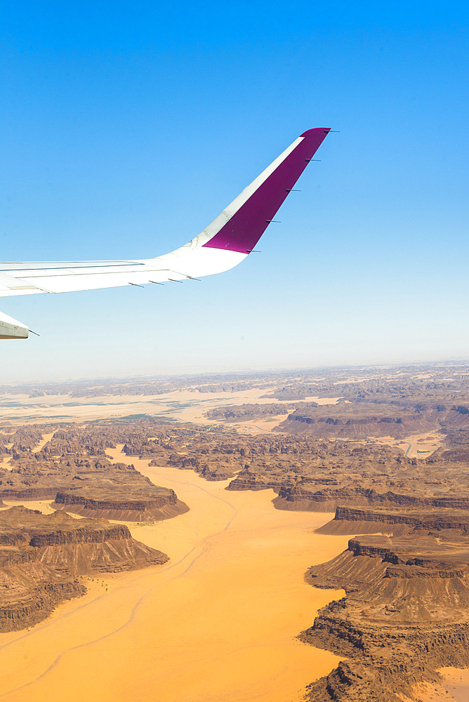 Aerial view from a aircraft of the dersert in AlUla region, Medina Province, Saudi Arabia, Middle East