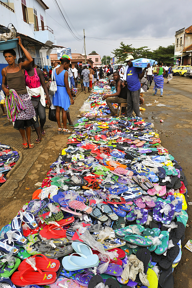 Flip-flops display at open-air market in the city of Sao Tome,Sao Tome Island, Republic of Sao Tome and Principe,Africa