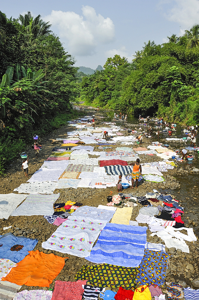 Collective washing in a river at Sao Tome Island, Republic of Sao Tome and Principe,Africa