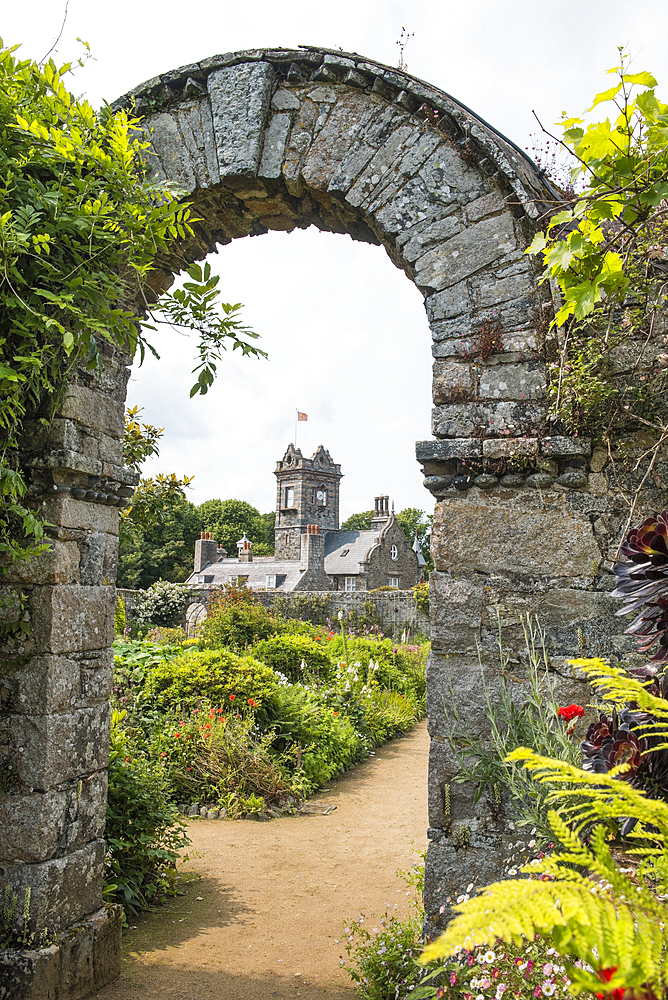 The walled garden with the house in the background, La Seignerie (17th Century), traditional residence of the Seigneur of Sark, Open to the public for the visit of the gardens, Sark island, Channel Islands, Bailiwick of Guernsey, United Kingdom