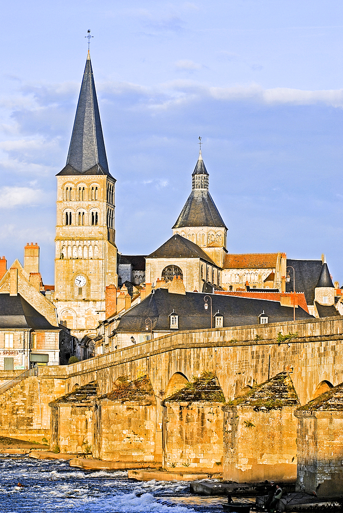 Old Bridge and Our Lady Church,La Charite-sur-Loire, Nievre department, Burgundy region, France, Europe
