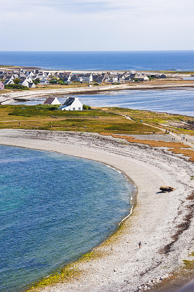 Overview of the Ile de Sein from the top of the lighthouse,off the coast of Pointe du Raz,Finistere department,Brittany region,west of France,western Europe