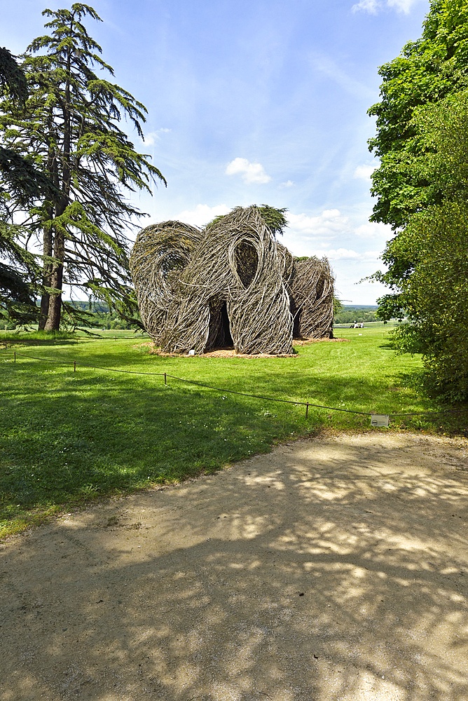 Work by Patrick Dougherty, permanent installations in the historic grounds, Domain of Chaumont-sur-Loire, Loir-et-Cher department, Centre-Val de Loire region, France, Europe