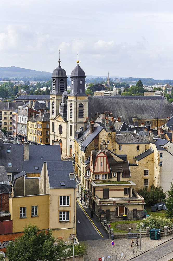 Church Saint-Charles-Borromee in the old city seen from the Chateau,one of the largest fortified medieval castle in Europe,Sedan,Ardennes department,Champagne-Ardenne region,France,Europe