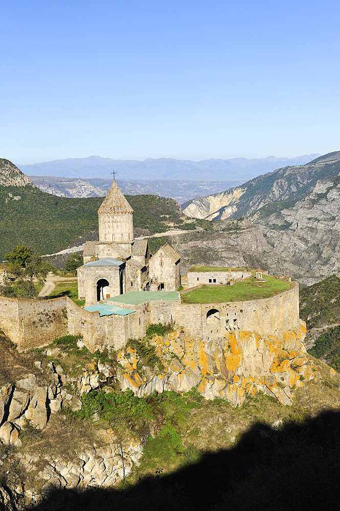 Tatev monastery standing on the edge of a deep gorge of the Vorotan River, Syunik Province in southeastern Armenia, Eurasia