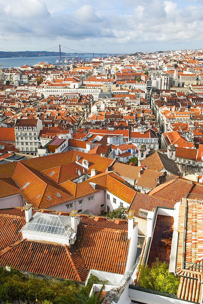 Overview on the Baixa and Chiado district from the Sao Jorge Castle with the Tage river in the background, Lisbon, Portugal, Europe