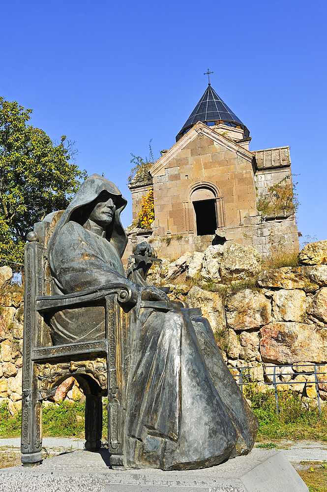 Statue of Mkhitar Gosh, 1130-1213, writer, thinker,  priest, founder of Goshavank Monastery, Gosh village, Dilijan National Park, Tavush region, Armenia, Eurasia