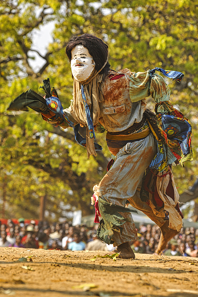 Masked dancer, The Kulamba Traditional Ceremony of the Chewa people from Zambia, Mozambique and Malawi, held annually on the last Saturday in August to pay homage to their Chief Kalonga Gaia Uni, held near Katete, Eastern Province, Zambia, Africa