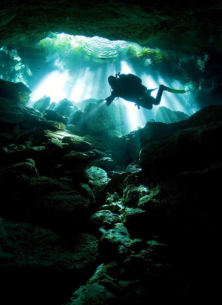 A cavern diver enters the Taj Mahal cenote system on Mexico's Yucatan Peninsula.