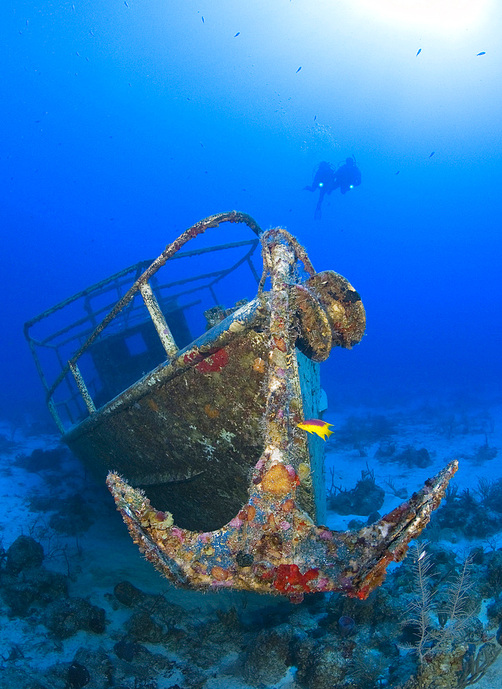 Divers visit the wreck of the Pelicano which sits on the bottom of the Caribbean Sea near Playa Del Carmen, Mexico.