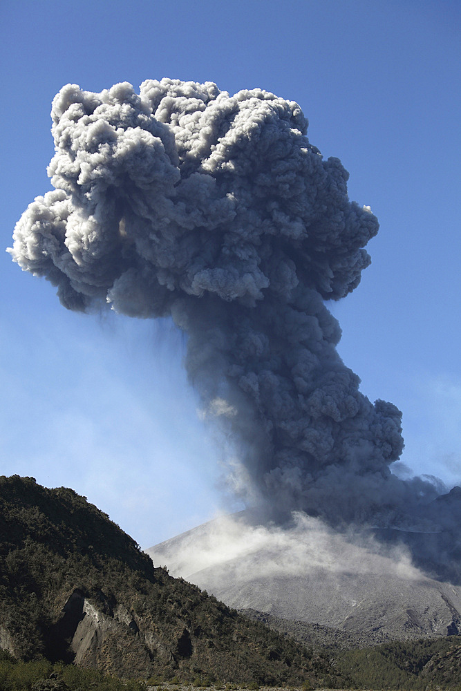February 24, 2013 - Mushroom shaped ash cloud produced by powerful explosive eruption of Sakurajima volcano, Kagoshima, Japan.