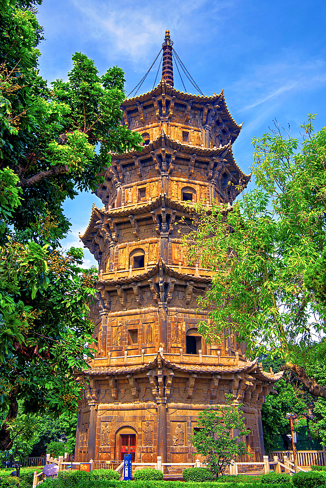 West Pagoda (Renshou Pagoda) of Kaiyuan Temple, Quanzhou, Fujian Province, China. The pagoda was first built in 916 A.D. (rebuilt 1237). The temple was first built 686 A.D. It is one of the serial sites within Quanzhou: Emporium of the World (UNESCO).