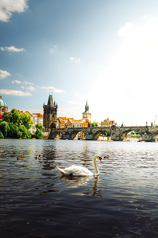 Scenic spring sunset aerial view of the Old Town pier architecture and Charles Bridge over Vltava river in Prague, Czech Republic