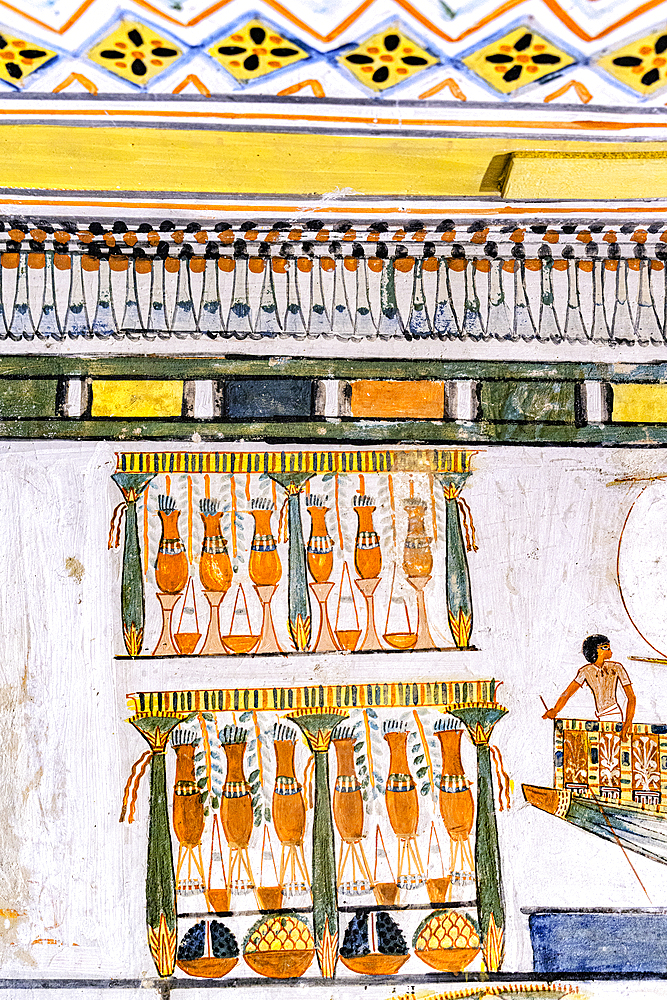 Colorful murals inside an ancient tomb, Valley of the Nobles, West Bank, Luxor, Egypt