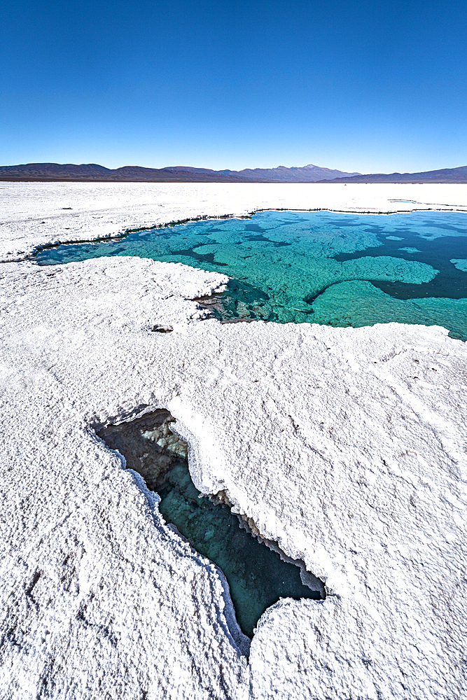 Turquoise ponds in Salinas Grandes salt flat, Jujuy, Argentina