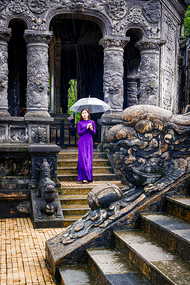 Elegant lady with ao dai at Khai Dinh Mausoleum, Hue, Central Vietnam. (MR)