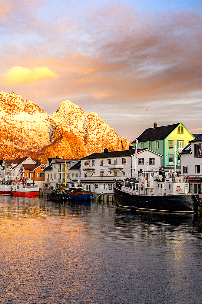Fishing village of Henningsvaer in autumn sunset, Lofoten Islands, Norway
