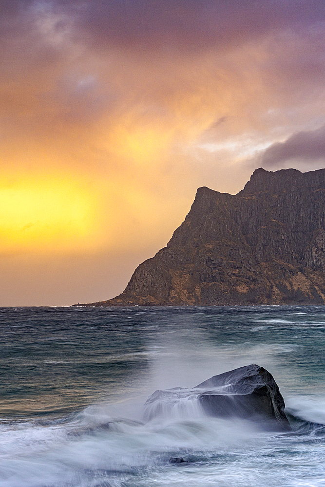 Waves at sunset, Uttakleiv, Leknes, Lofoten Islands, Norway